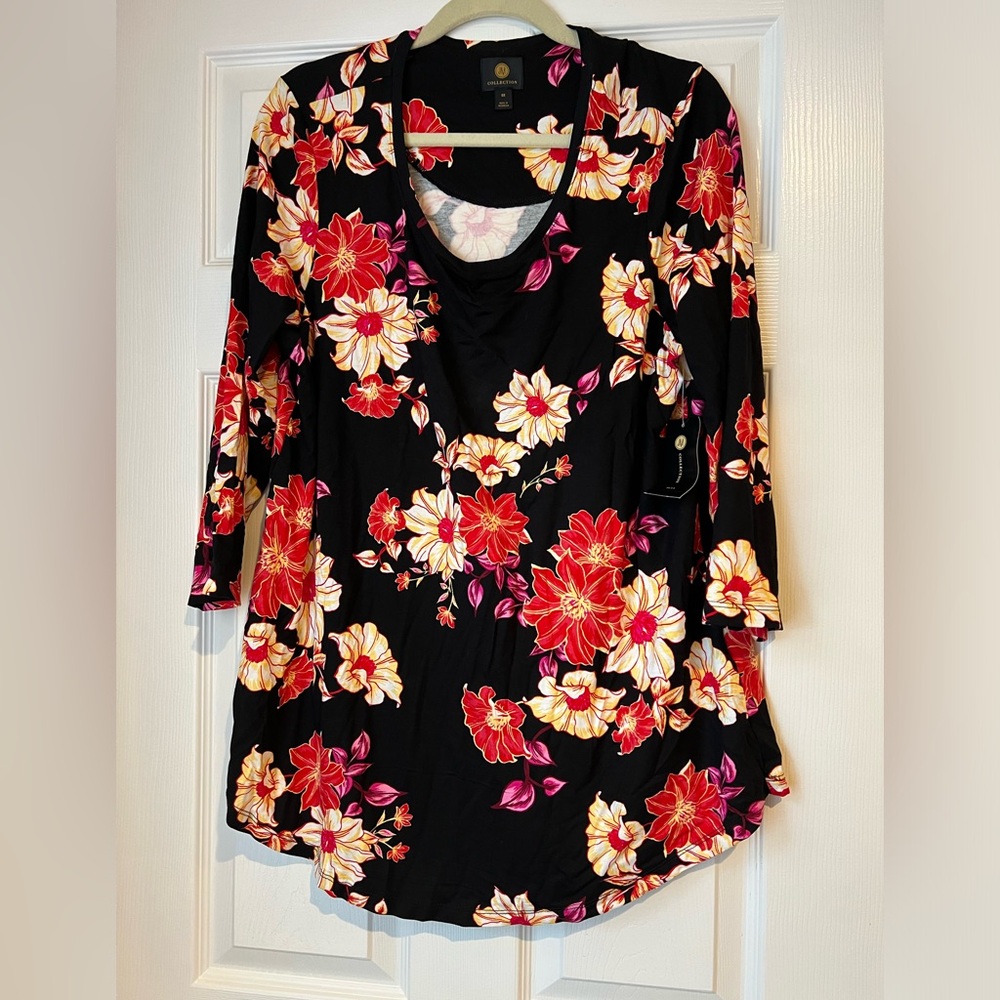 JM‎ Collection Women's Size 0X Plus Black Floral Tunic 3/4 Sleeve Top NWT